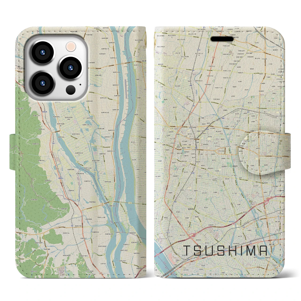 【津島】地図柄iPhoneケース（手帳両面タイプ・ナチュラル）iPhone 13 Pro 用