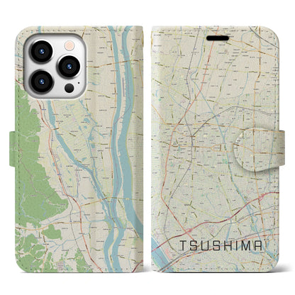 【津島（愛知県）】地図柄iPhoneケース（手帳タイプ）ナチュラル・iPhone 13 Pro 用