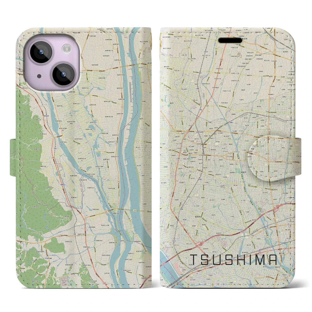 【津島】地図柄iPhoneケース（手帳両面タイプ・ナチュラル）iPhone 14 用