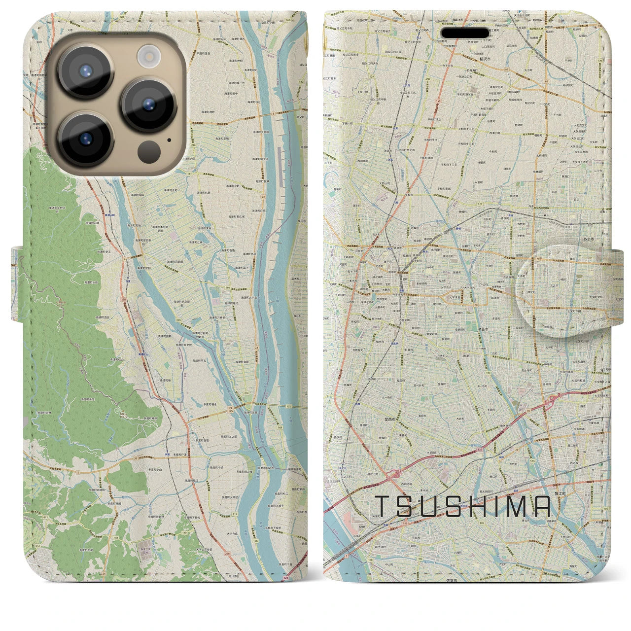 【津島】地図柄iPhoneケース（手帳両面タイプ・ナチュラル）iPhone 14 Pro Max 用