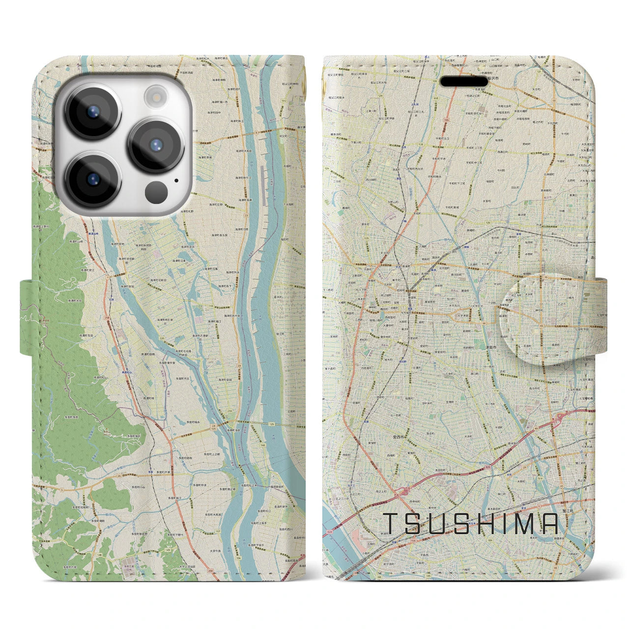 【津島】地図柄iPhoneケース（手帳両面タイプ・ナチュラル）iPhone 14 Pro 用