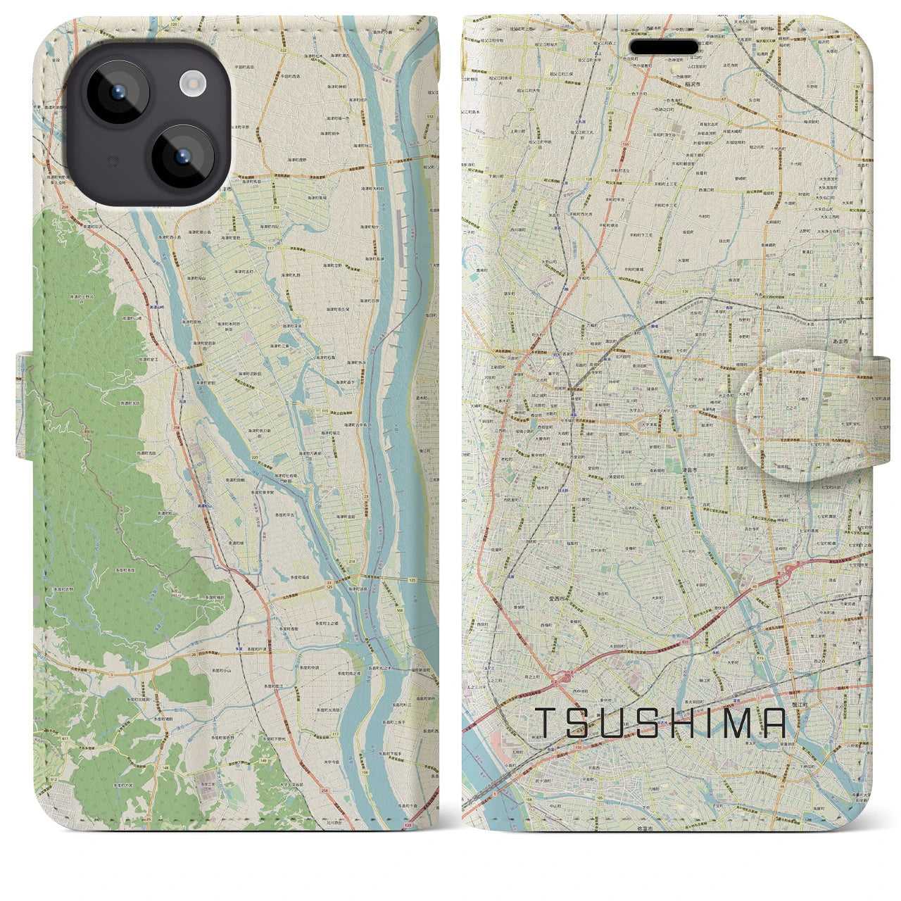 【津島】地図柄iPhoneケース（手帳両面タイプ・ナチュラル）iPhone 14 Plus 用
