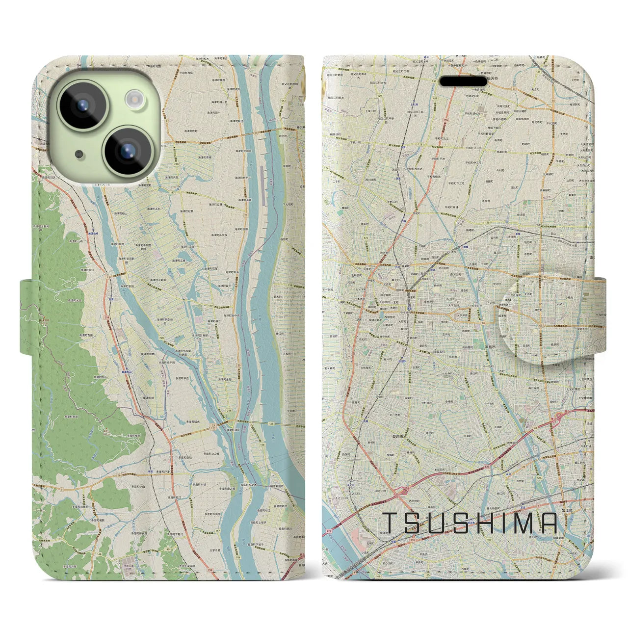 【津島】地図柄iPhoneケース（手帳両面タイプ・ナチュラル）iPhone 15 用