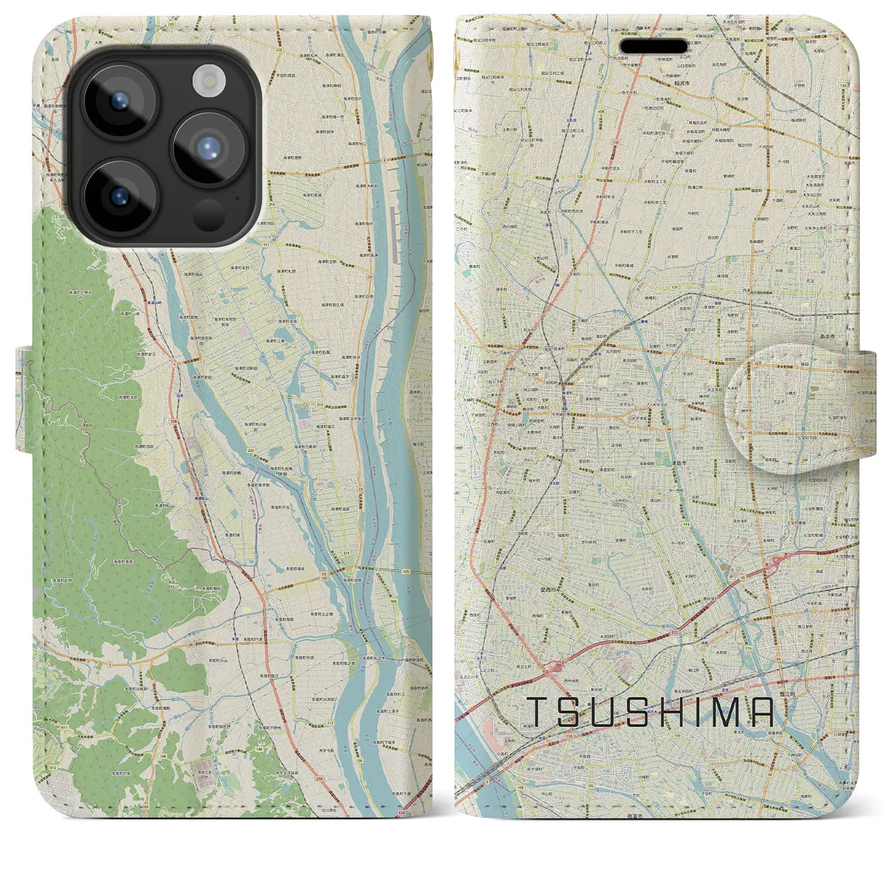 【津島】地図柄iPhoneケース（手帳両面タイプ・ナチュラル）iPhone 15 Pro Max 用