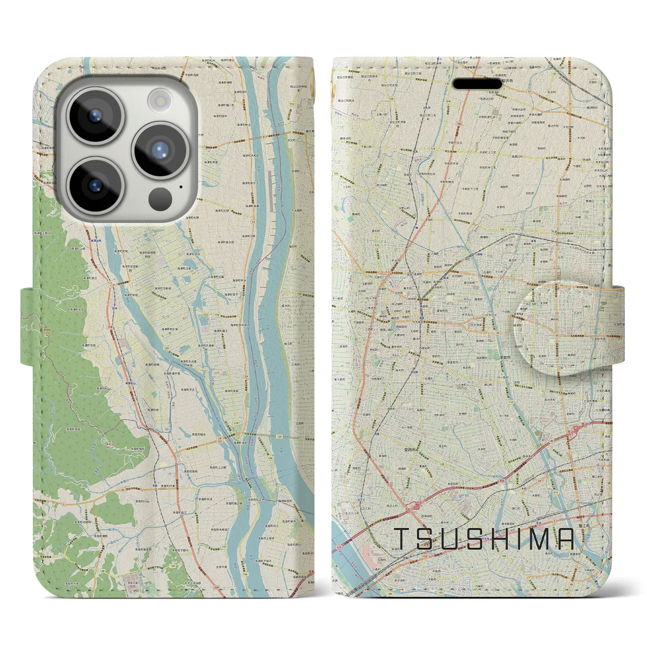 【津島】地図柄iPhoneケース（手帳両面タイプ・ナチュラル）iPhone 15 Pro 用