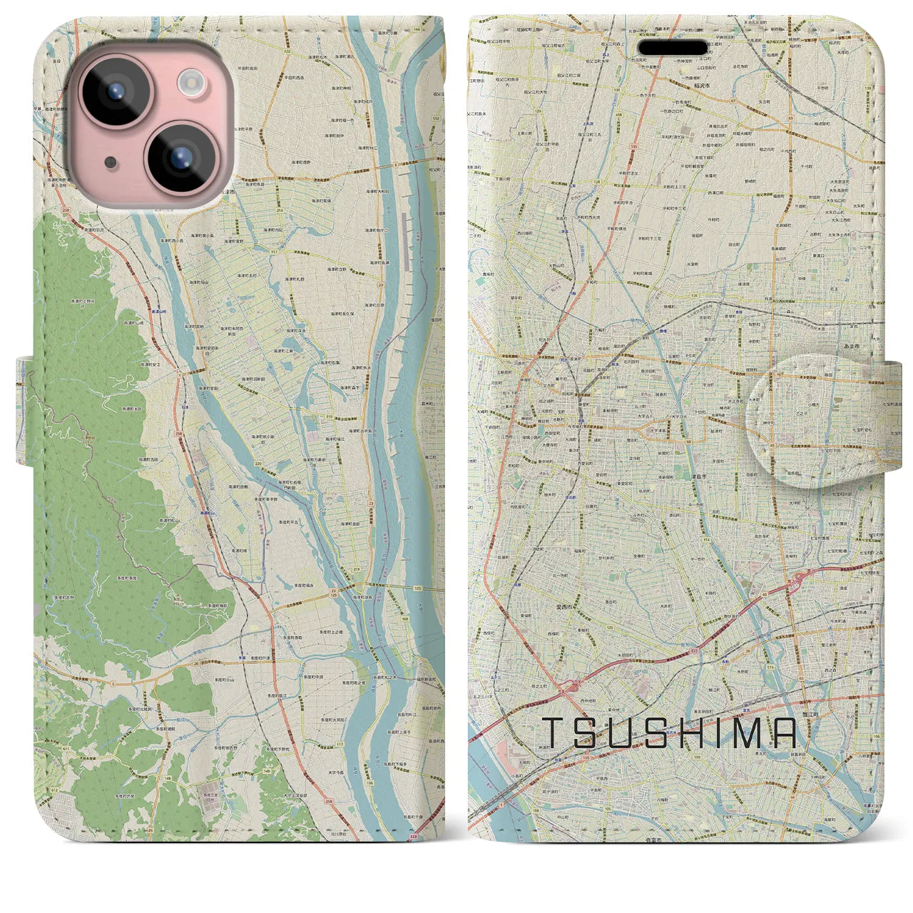 【津島】地図柄iPhoneケース（手帳両面タイプ・ナチュラル）iPhone 15 Plus 用