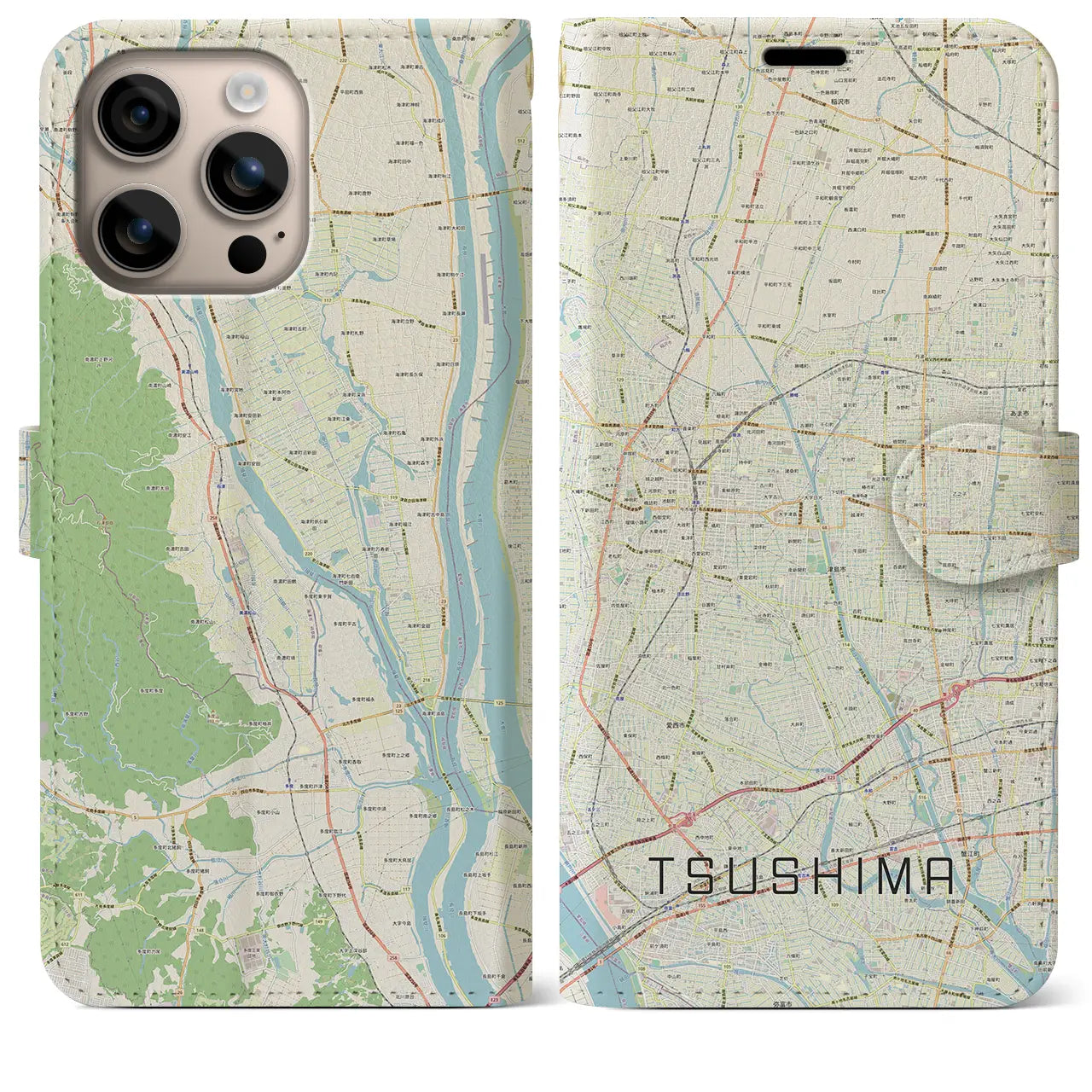 【津島（愛知県）】地図柄iPhoneケース（手帳タイプ）ナチュラル・iPhone 16 Plus 用