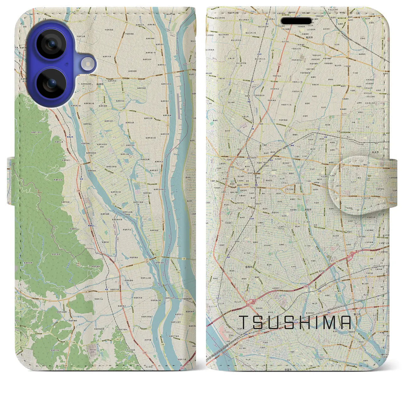 【津島（愛知県）】地図柄iPhoneケース（手帳タイプ）ナチュラル・iPhone 16 Pro Max 用