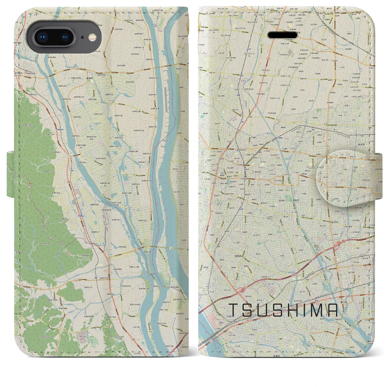 【津島】地図柄iPhoneケース（手帳両面タイプ・ナチュラル）iPhone 8Plus /7Plus / 6sPlus / 6Plus 用