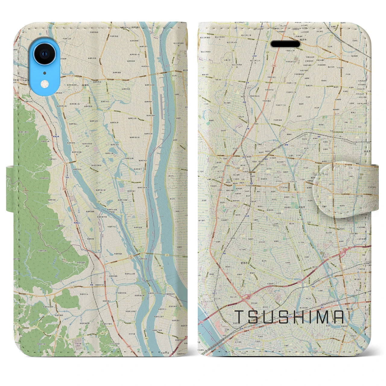 【津島】地図柄iPhoneケース（手帳両面タイプ・ナチュラル）iPhone XR 用