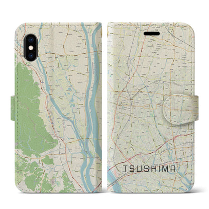 【津島（愛知県）】地図柄iPhoneケース（手帳タイプ）ナチュラル・iPhone XS / X 用