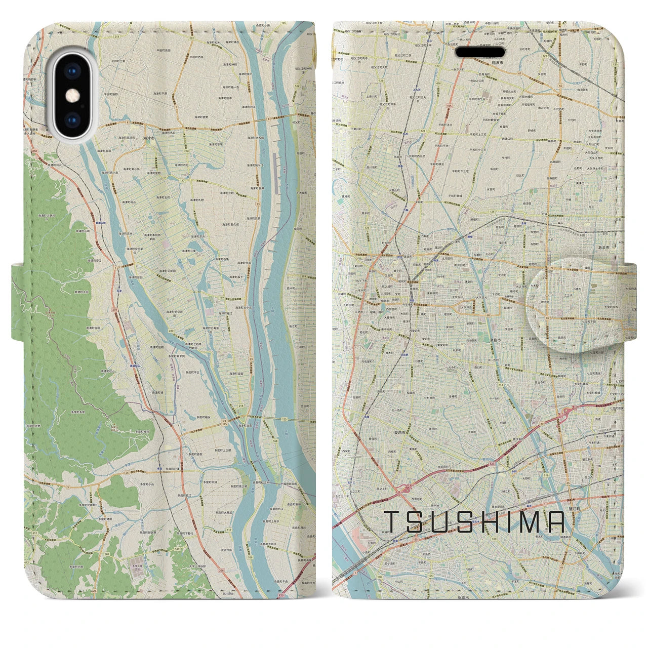 【津島】地図柄iPhoneケース（手帳両面タイプ・ナチュラル）iPhone XS Max 用