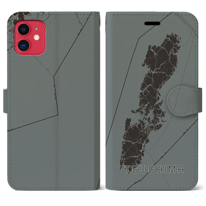 【対馬（長崎県）】地図柄iPhoneケース（手帳タイプ）モノトーン・iPhone 11 用