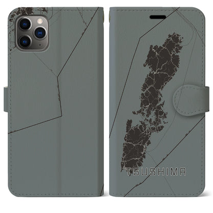【対馬（長崎県）】地図柄iPhoneケース（手帳タイプ）モノトーン・iPhone 11 Pro Max 用