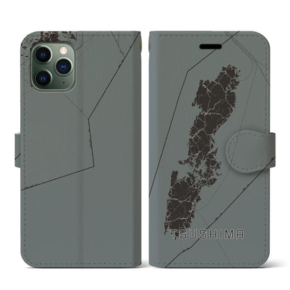 【対馬（長崎県）】地図柄iPhoneケース（手帳タイプ）モノトーン・iPhone 11 Pro 用