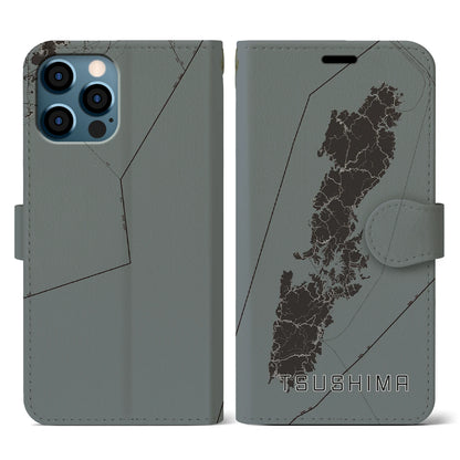 【対馬（長崎県）】地図柄iPhoneケース（手帳タイプ）モノトーン・iPhone 12 / 12 Pro 用