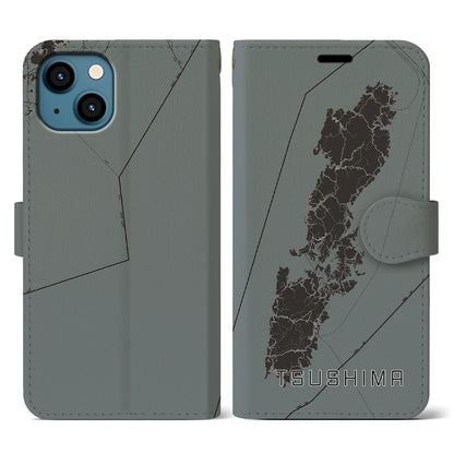 【対馬（長崎県）】地図柄iPhoneケース（手帳タイプ）モノトーン・iPhone 13 用