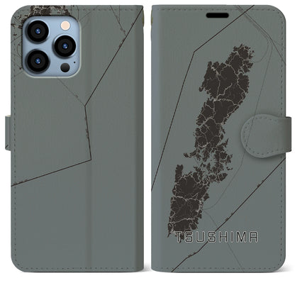 【対馬（長崎県）】地図柄iPhoneケース（手帳タイプ）モノトーン・iPhone 13 Pro Max 用
