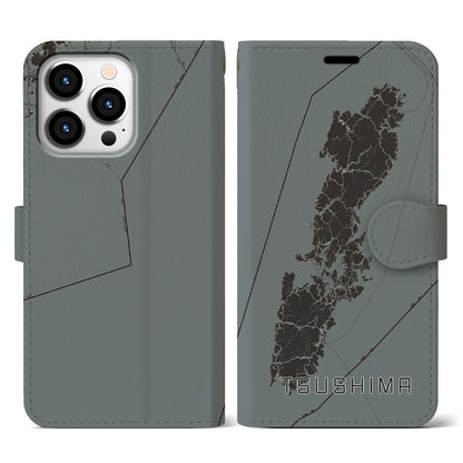【対馬（長崎県）】地図柄iPhoneケース（手帳タイプ）モノトーン・iPhone 13 Pro 用