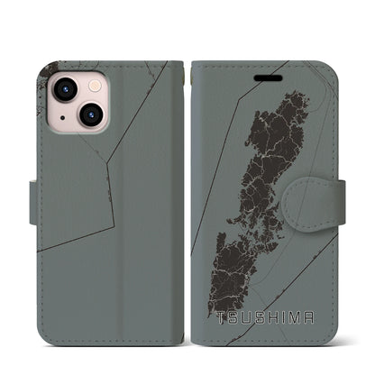 【対馬（長崎県）】地図柄iPhoneケース（手帳タイプ）モノトーン・iPhone 13 mini 用