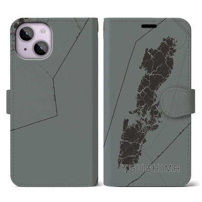 【対馬（長崎県）】地図柄iPhoneケース（手帳タイプ）モノトーン・iPhone 14 用