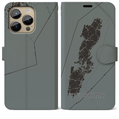 【対馬（長崎県）】地図柄iPhoneケース（手帳タイプ）モノトーン・iPhone 14 Pro Max 用