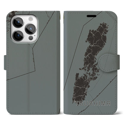 【対馬（長崎県）】地図柄iPhoneケース（手帳タイプ）モノトーン・iPhone 14 Pro 用