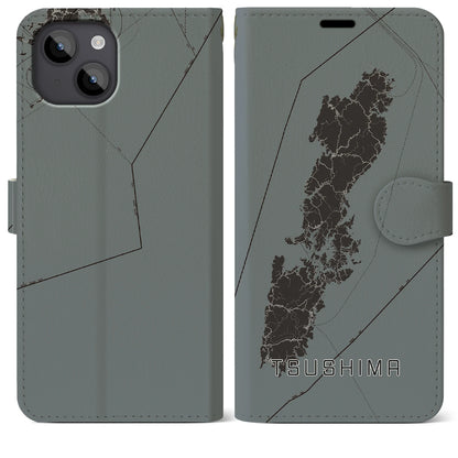 【対馬（長崎県）】地図柄iPhoneケース（手帳タイプ）モノトーン・iPhone 14 Plus 用