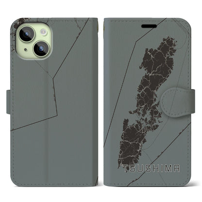 【対馬（長崎県）】地図柄iPhoneケース（手帳タイプ）モノトーン・iPhone 15 用