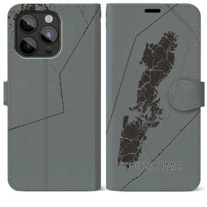 【対馬（長崎県）】地図柄iPhoneケース（手帳タイプ）モノトーン・iPhone 15 Pro Max 用