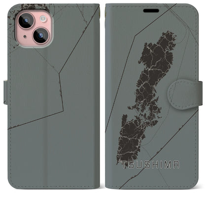 【対馬（長崎県）】地図柄iPhoneケース（手帳タイプ）モノトーン・iPhone 15 Plus 用
