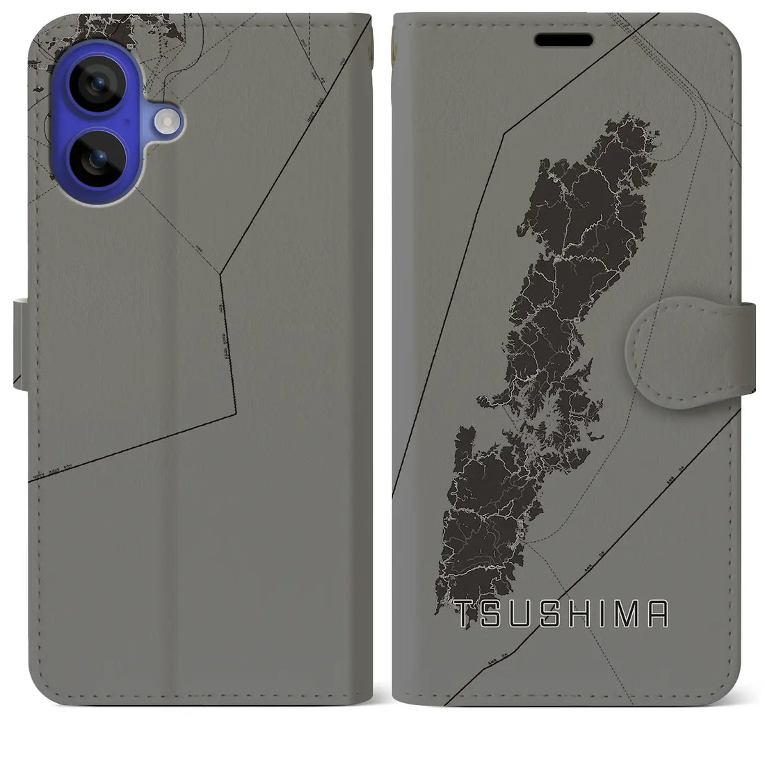 【対馬(長崎県)】地図柄iPhoneケース(手帳タイプ)モノトーン・iPhone 16 Pro Max 用