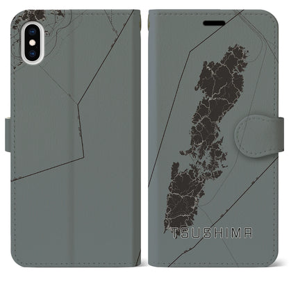 【対馬（長崎県）】地図柄iPhoneケース（手帳タイプ）モノトーン・iPhone XS Max 用