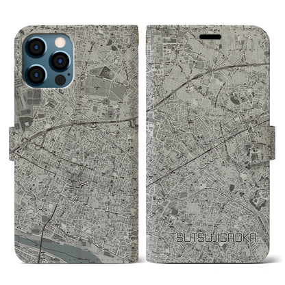 【つつじヶ丘（東京都）】地図柄iPhoneケース（手帳タイプ）モノトーン・iPhone 12 / 12 Pro 用