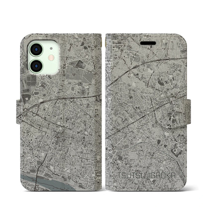 【つつじヶ丘（東京都）】地図柄iPhoneケース（手帳タイプ）モノトーン・iPhone 12 mini 用