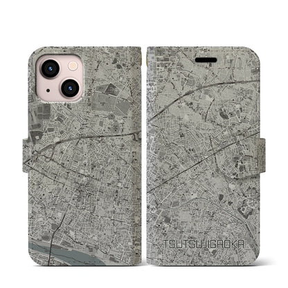 【つつじヶ丘（東京都）】地図柄iPhoneケース（手帳タイプ）モノトーン・iPhone 13 mini 用