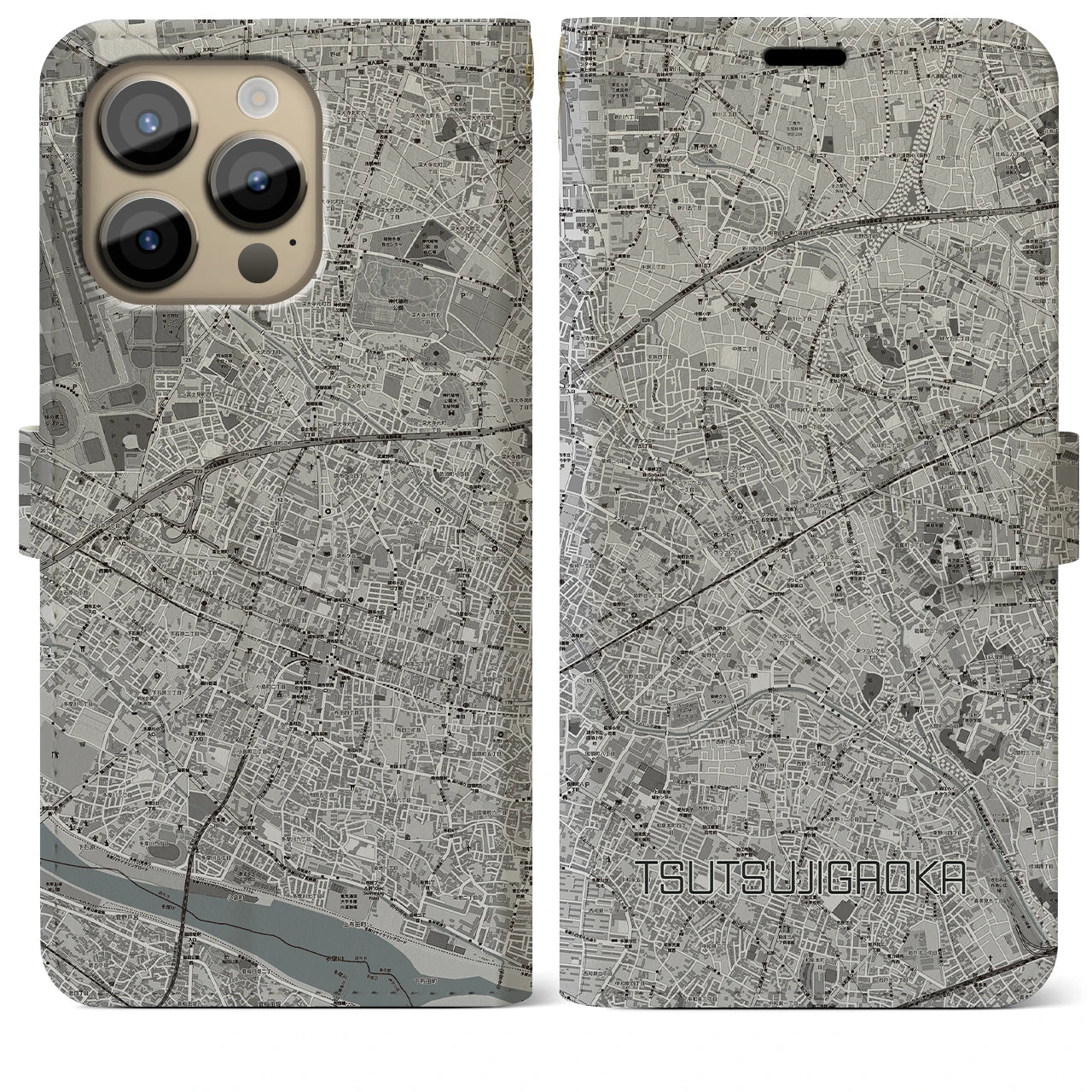 【つつじヶ丘】地図柄iPhoneケース（手帳両面タイプ・モノトーン）iPhone 14 Pro Max 用