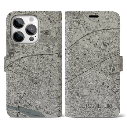 【つつじヶ丘（東京都）】地図柄iPhoneケース（手帳タイプ）モノトーン・iPhone 14 Pro 用