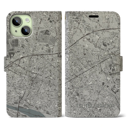 【つつじヶ丘（東京都）】地図柄iPhoneケース（手帳タイプ）モノトーン・iPhone 15 用