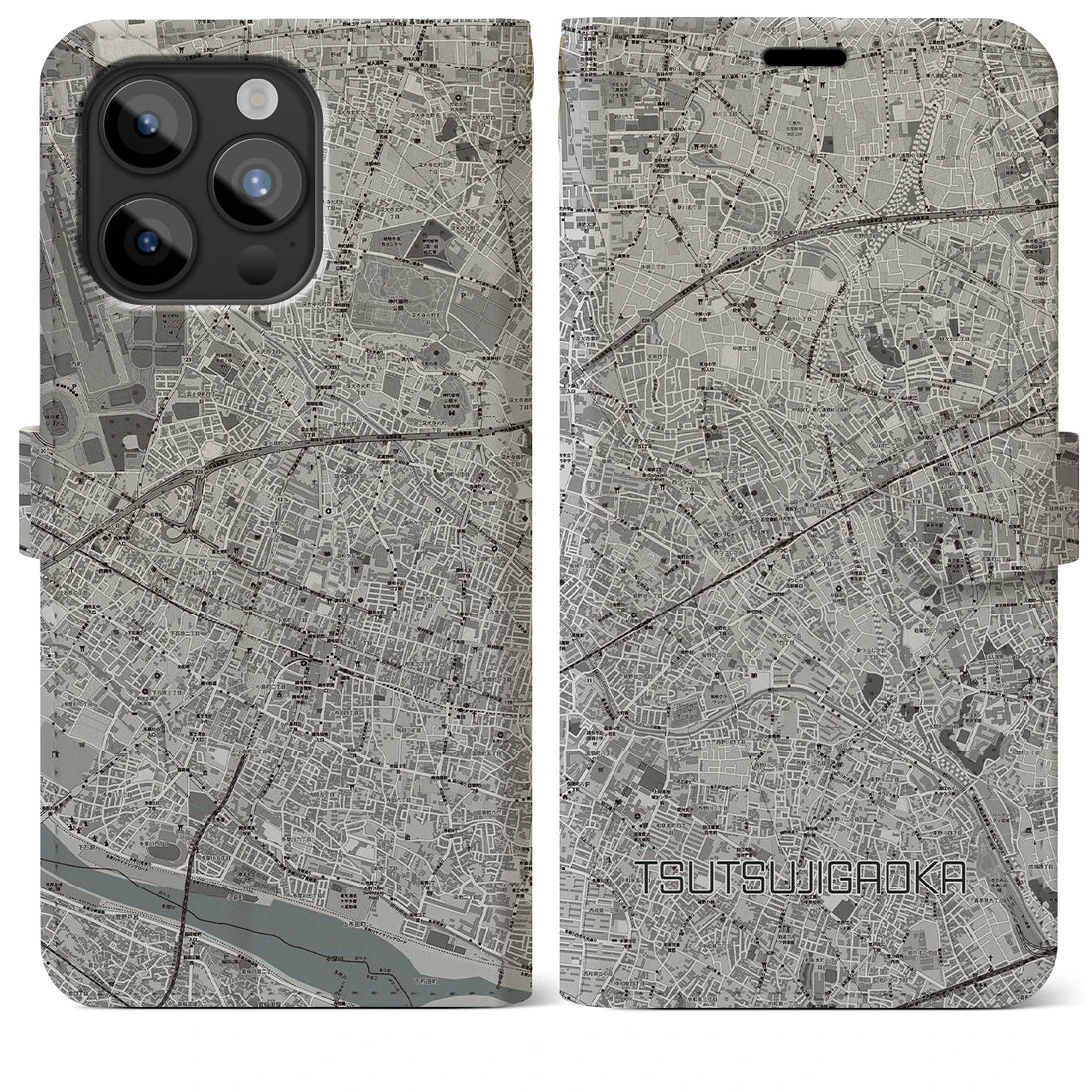 【つつじヶ丘】地図柄iPhoneケース（手帳両面タイプ・モノトーン）iPhone 15 Pro Max 用