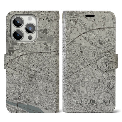 【つつじヶ丘（東京都）】地図柄iPhoneケース（手帳タイプ）モノトーン・iPhone 15 Pro 用