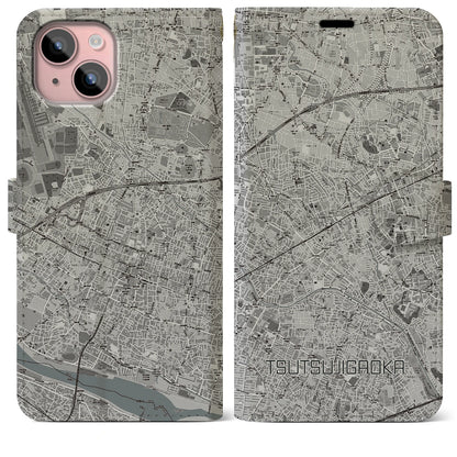 【つつじヶ丘（東京都）】地図柄iPhoneケース（手帳タイプ）モノトーン・iPhone 15 Plus 用