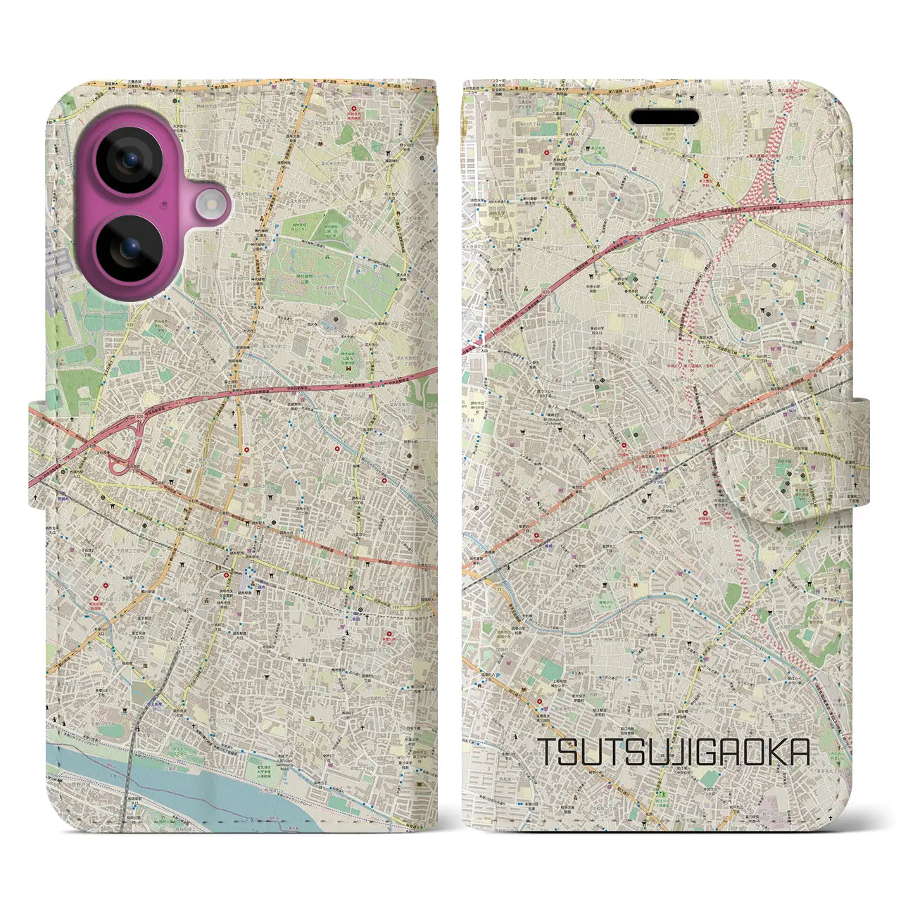 【つつじヶ丘（東京都）】地図柄iPhoneケース（手帳タイプ）ナチュラル・iPhone 16 Pro 用