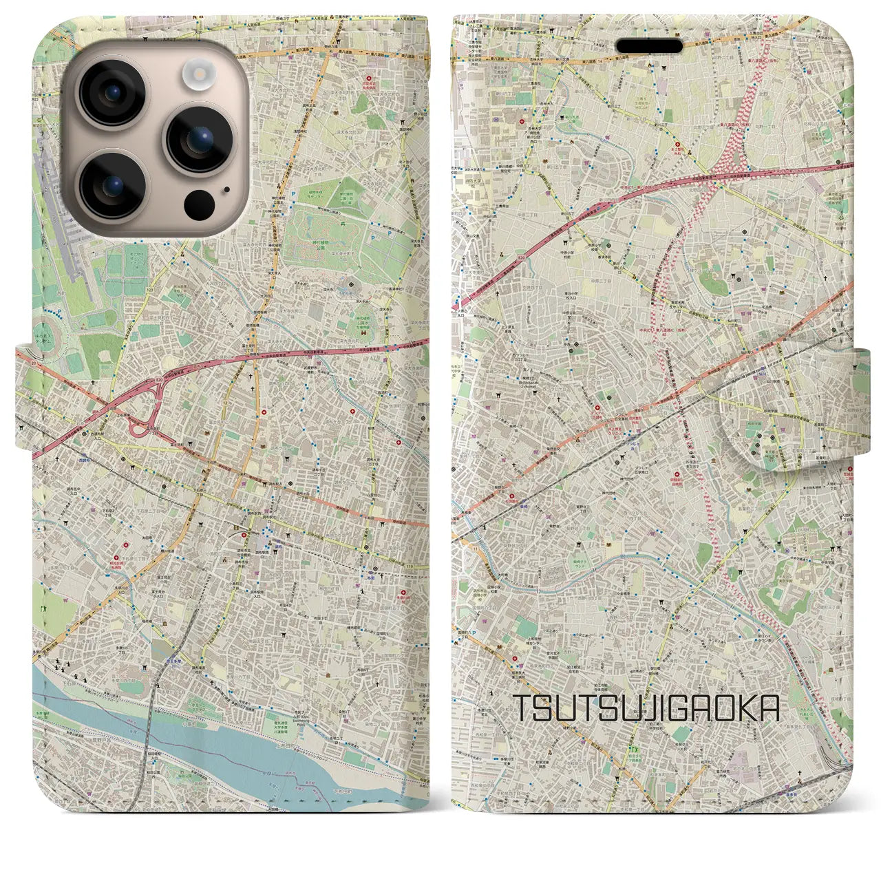 【つつじヶ丘（東京都）】地図柄iPhoneケース（手帳タイプ）ナチュラル・iPhone 16 Plus 用