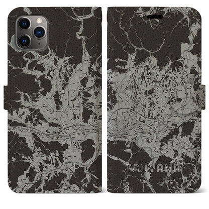 【津山（岡山県）】地図柄iPhoneケース（手帳タイプ）モノトーン・iPhone 11 Pro Max 用