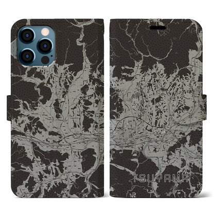 【津山（岡山県）】地図柄iPhoneケース（手帳タイプ）モノトーン・iPhone 12 / 12 Pro 用