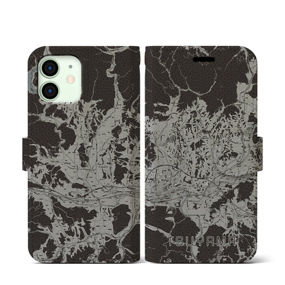 【津山（岡山県）】地図柄iPhoneケース（手帳タイプ）モノトーン・iPhone 12 mini 用