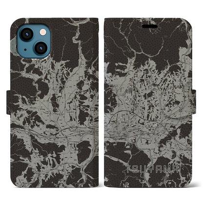 【津山（岡山県）】地図柄iPhoneケース（手帳タイプ）モノトーン・iPhone 13 用