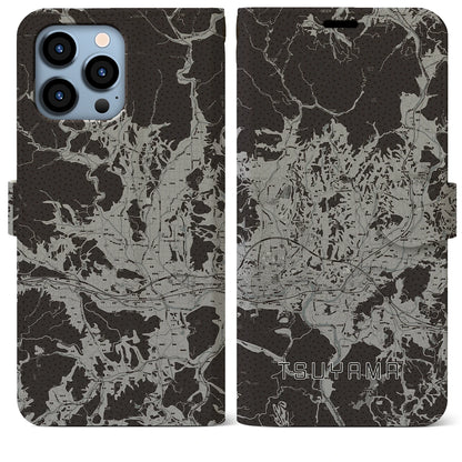 【津山（岡山県）】地図柄iPhoneケース（手帳タイプ）モノトーン・iPhone 13 Pro Max 用