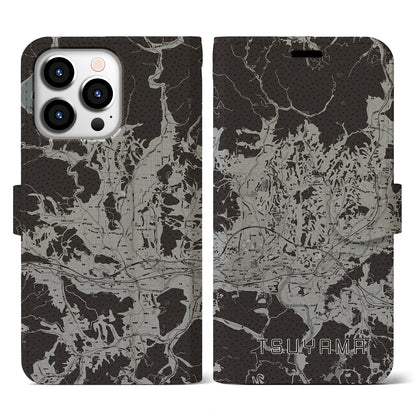 【津山（岡山県）】地図柄iPhoneケース（手帳タイプ）モノトーン・iPhone 13 Pro 用